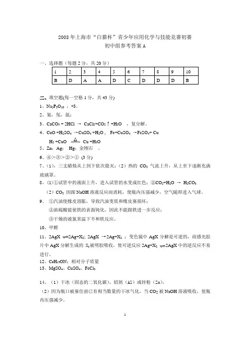 2003年上海市白猫杯初赛A答案