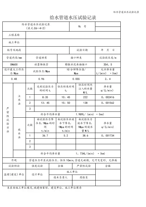 给水管道水压试验记录