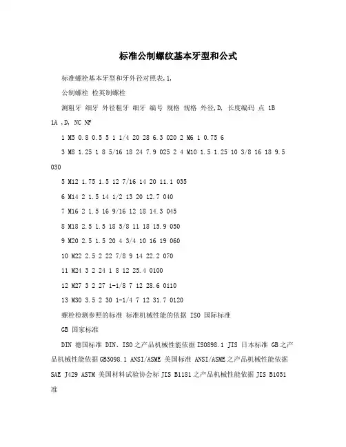 标准公制螺纹基本牙型和公式