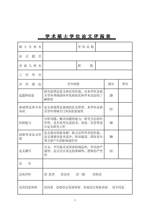 学术硕士学位论文评阅表(工学、理学)