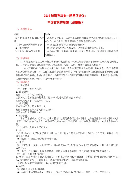 高考历史一轮复习讲义 中国古代的思想 岳麓版