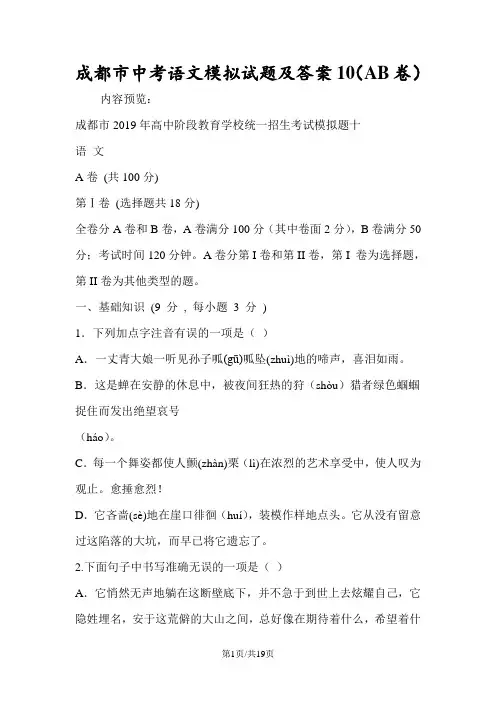 成都市中考语文模拟试题及答案10(AB卷)