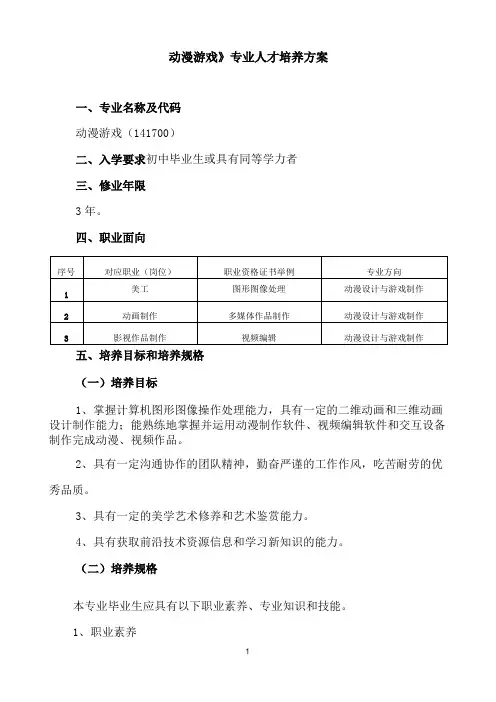 《动漫游戏》专业人才培养方案