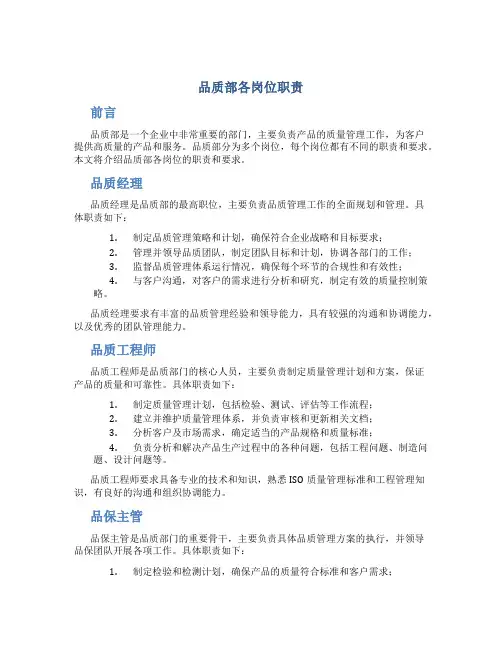 品质部各岗位职责