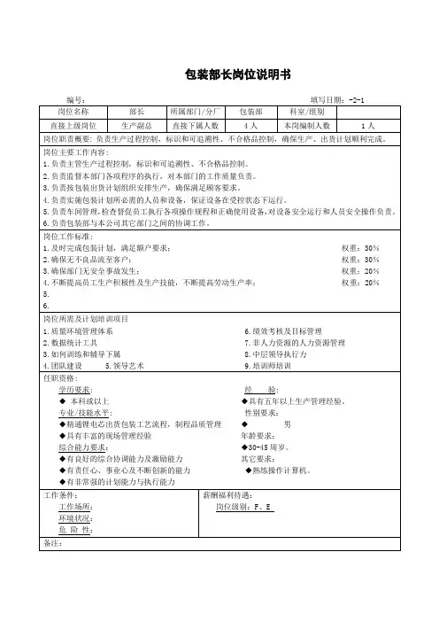 包装部长岗位说明书