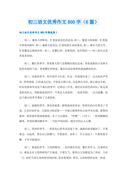 初三语文优秀作文800字(6篇).doc