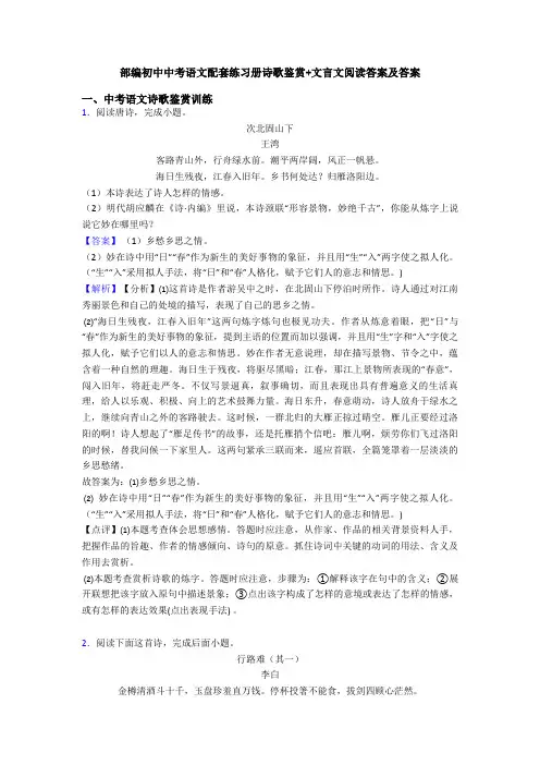 部编初中中考语文配套练习册诗歌鉴赏+文言文阅读答案及答案