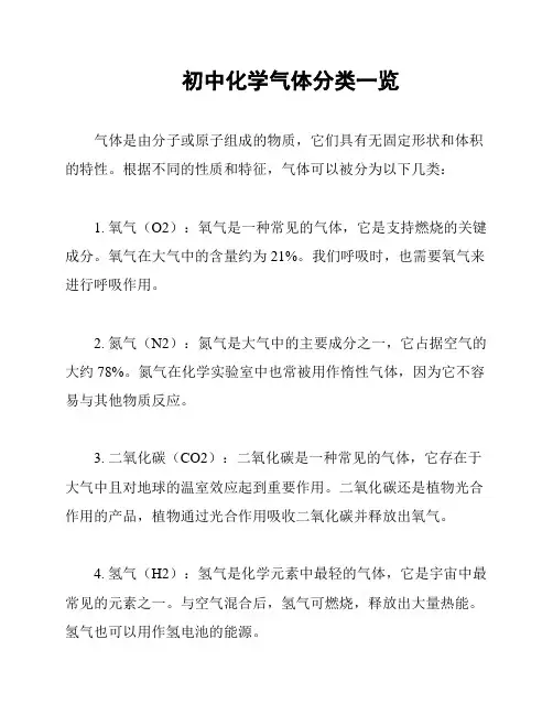 初中化学气体分类一览