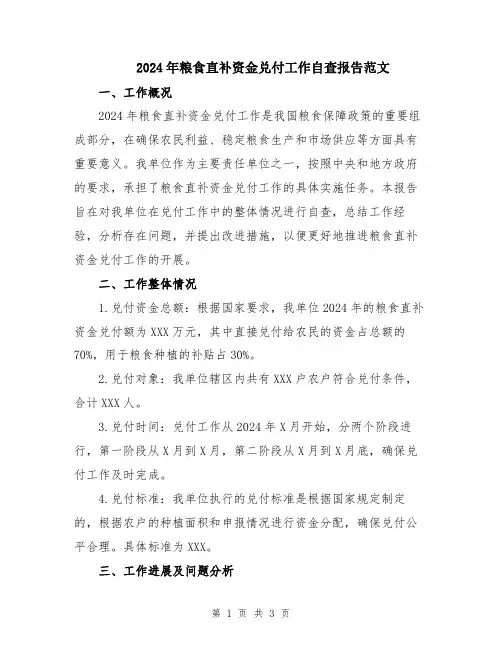 2024年粮食直补资金兑付工作自查报告范文