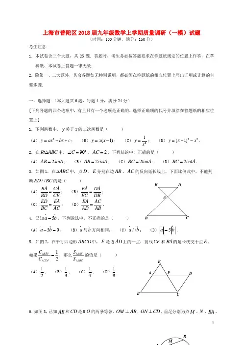 上海市普陀区九年级数学上学期质量调研(一模)试题