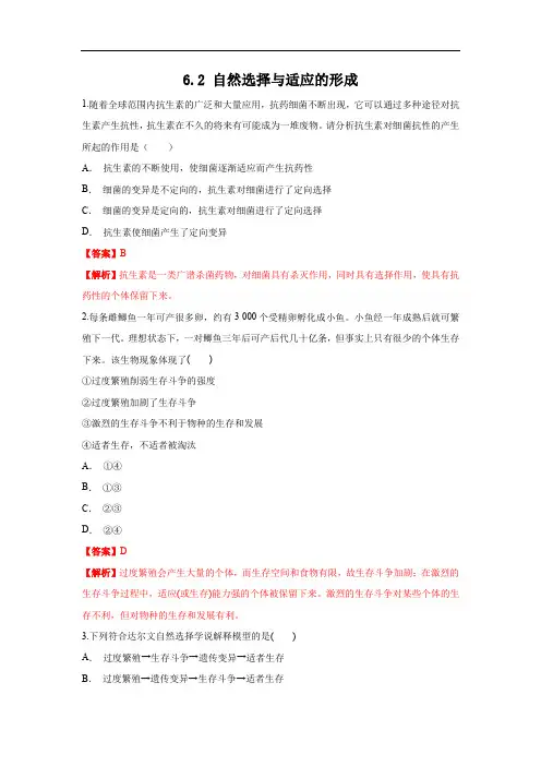 高中生物第二册 6 2 自然选择与适应的形成 练习(含答案)