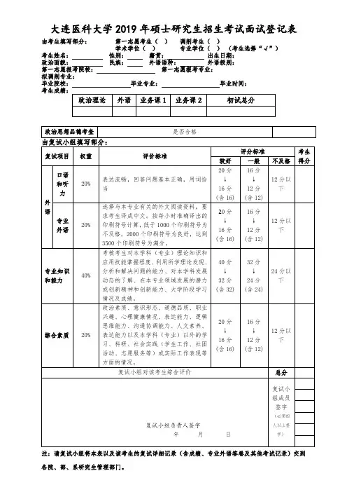 大连医科大学2019年硕士研究生招生考试面试登记表