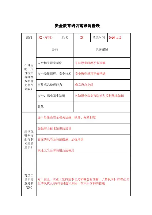 安全教育培训需求调查表