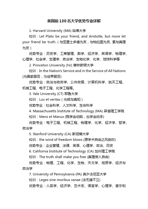 美国前130名大学优势专业详解
