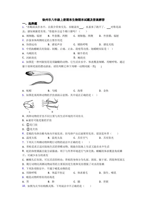 徐州市八年级上册期末生物期末试题及答案解答