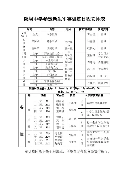 陕坝中学参迅新生军事训练日程安排表