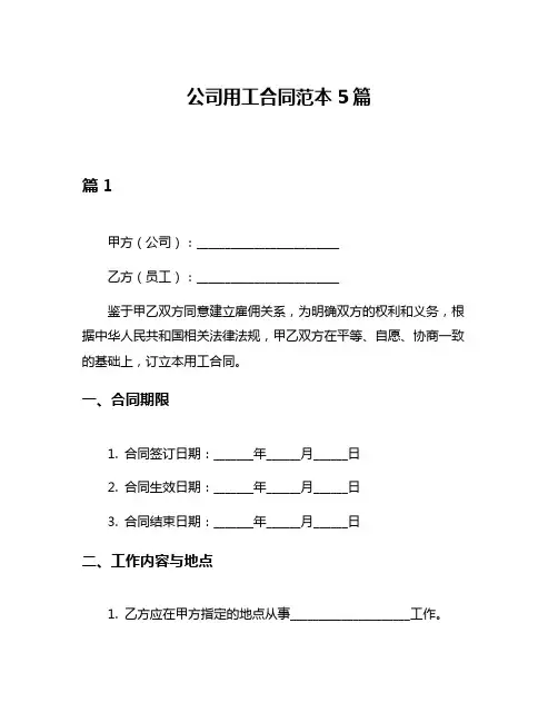 公司用工合同范本5篇