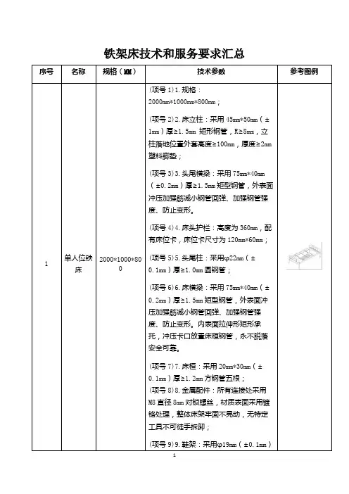 铁架床技术和服务要求汇总(含样品)