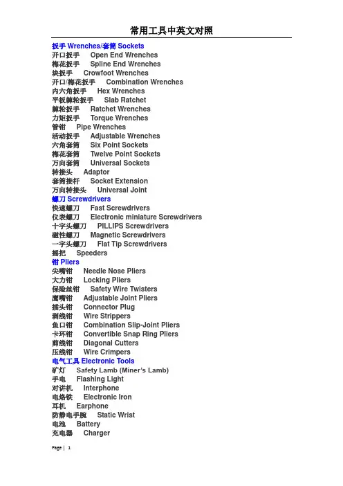常用工具中英文对照