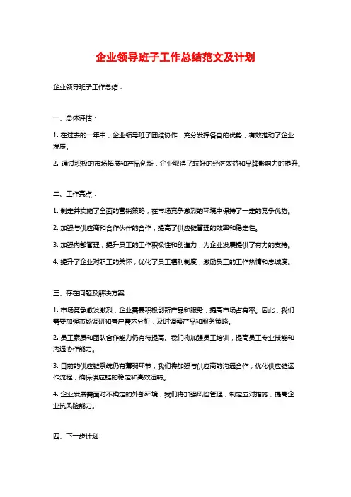企业领导班子工作总结范文及计划