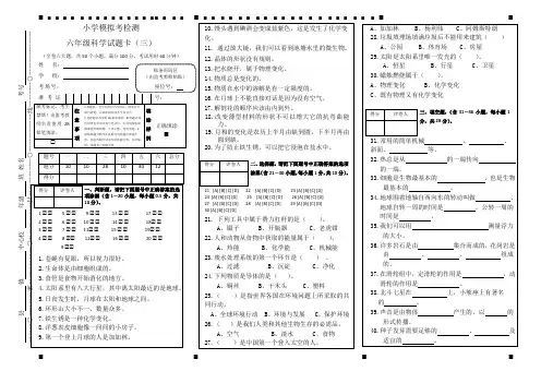 2020年六年级下期模拟试卷答题卡3