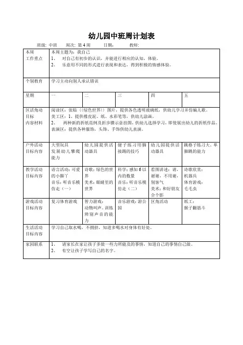 幼儿园中班周计划表(第四周)
