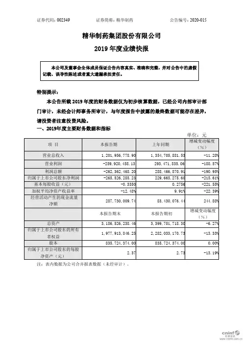 精华制药：2019年度业绩快报