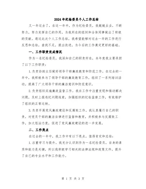 2024年纪检委员个人工作总结