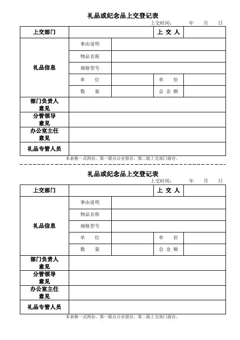 国企礼品或纪念品上交登记表