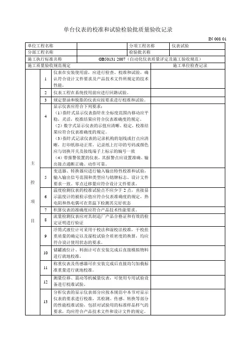 (IN-008-01)仪表试验分项工程质量检验评定表