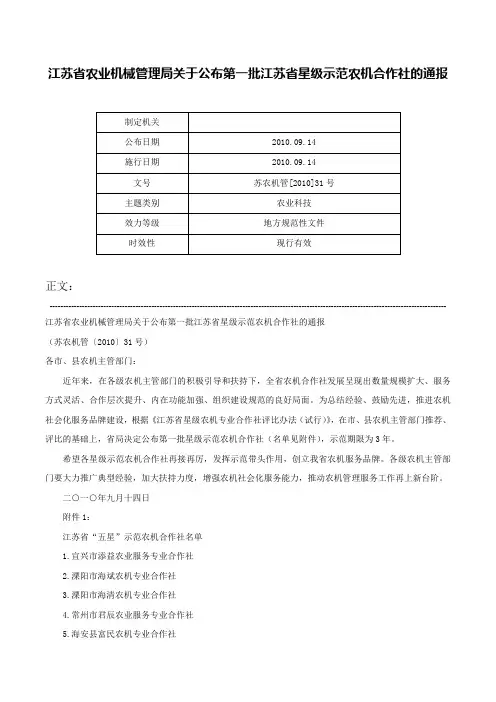 江苏省农业机械管理局关于公布第一批江苏省星级示范农机合作社的通报-苏农机管[2010]31号