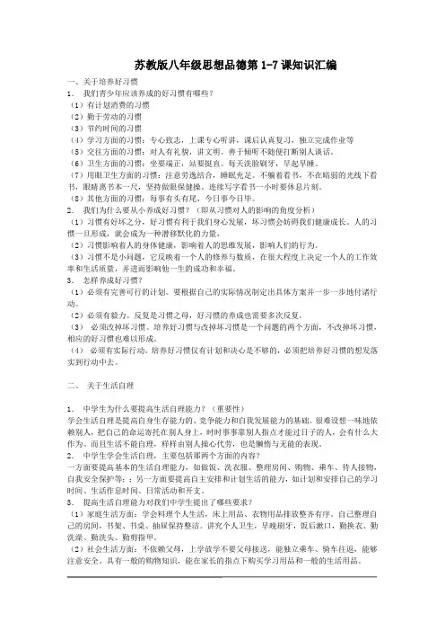 苏教版八年级思想品德第1-7课知识汇编