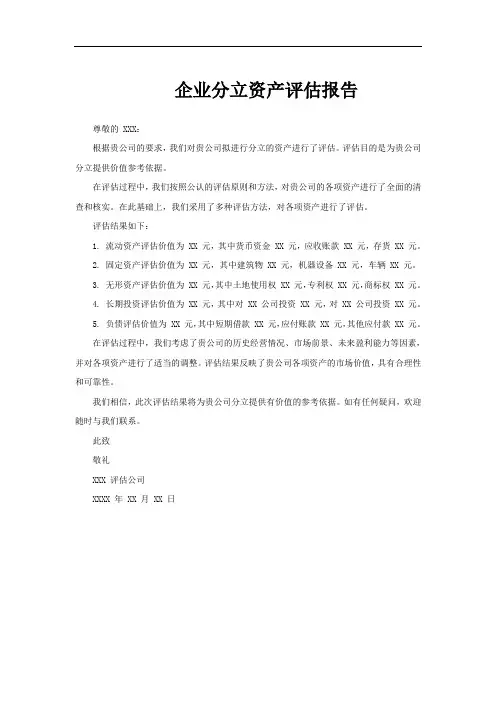 企业分立资产评估报告