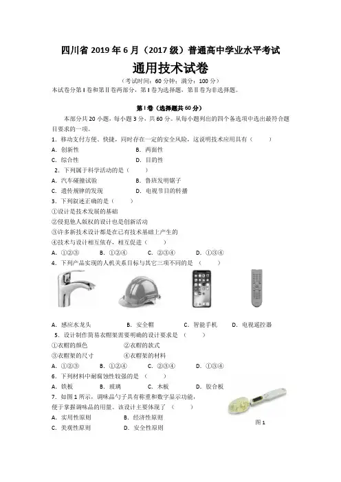 四川省2019年6月(2017级)普通高中学业水平考试通用技术试卷