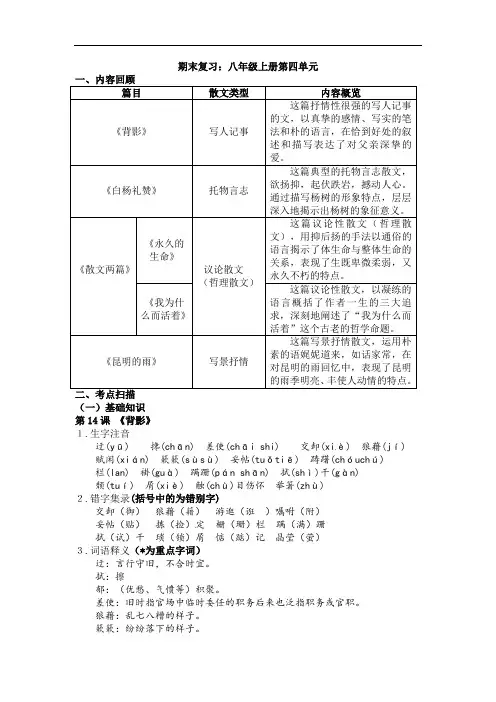 期末复习：第四单元考点回顾   2021-2022学年部编版语文八年级上册