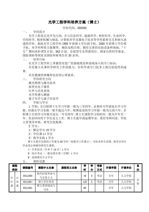 光学工程学科培养方案(博士)