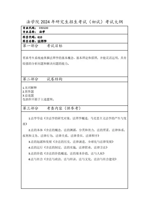 西安财经大学  030100法学2024年硕士初试考试大纲