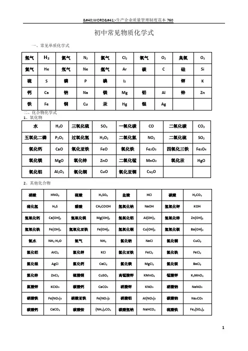初中化学常见物质化学式(表格)