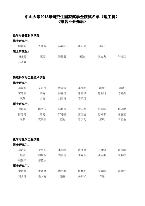 中山大学研究生国家奖学金获奖名单