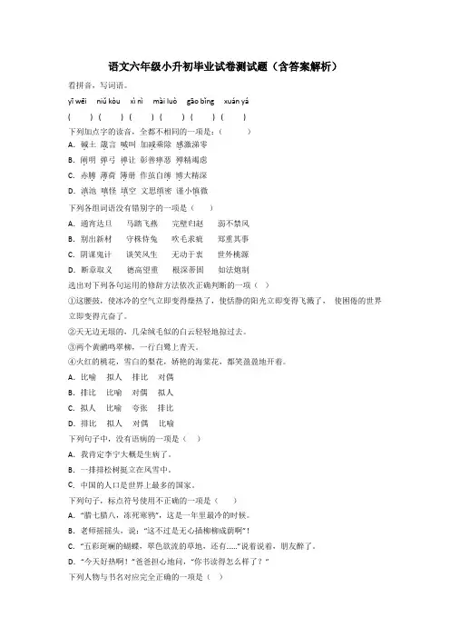语文六年级小升初毕业试卷测试题(含答案解析)