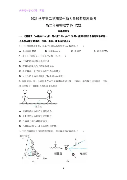 2021-2022学年浙江省温州市新力量联盟高二下学期期末联考物理试题