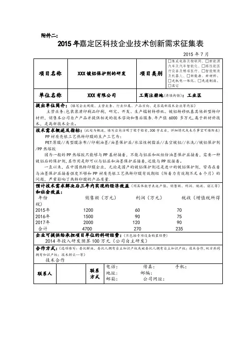 企业技术创新需求征集表填写范例
