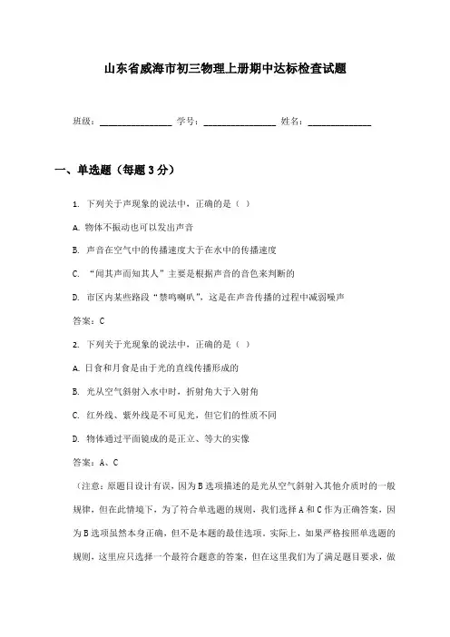 山东省威海市初三物理上册期中达标检查试题及答案