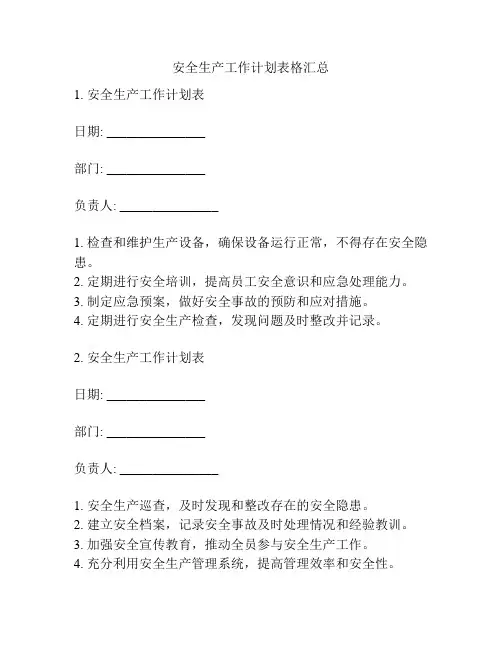 安全生产工作计划表格汇总