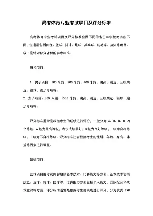 高考体育专业考试项目及评分标准