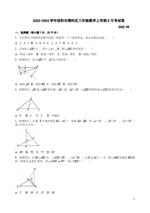 2023-2024学年信阳市浉河区八年级数学上学期9月考试卷附答案解析