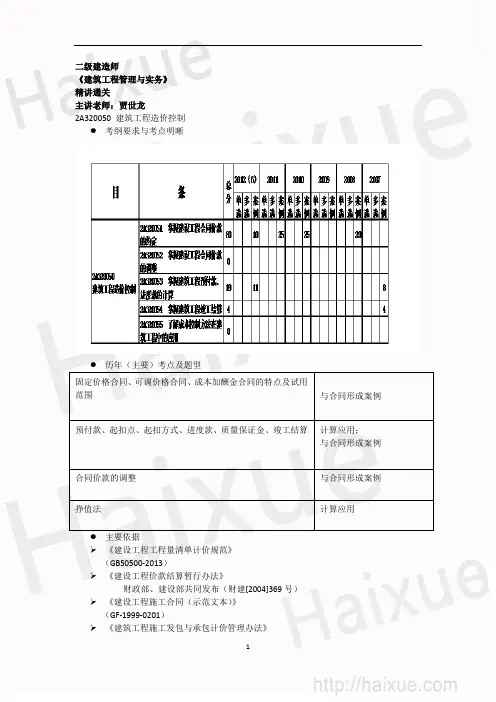 二级建造师 《建筑工程管理与实务》 贾世龙  精讲通关 2A32000 (16)工程造价控制及合同价款的约定及调整