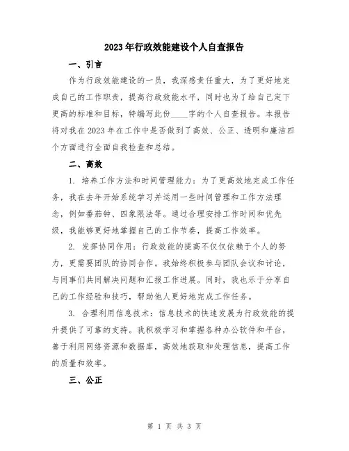 2023年行政效能建设个人自查报告
