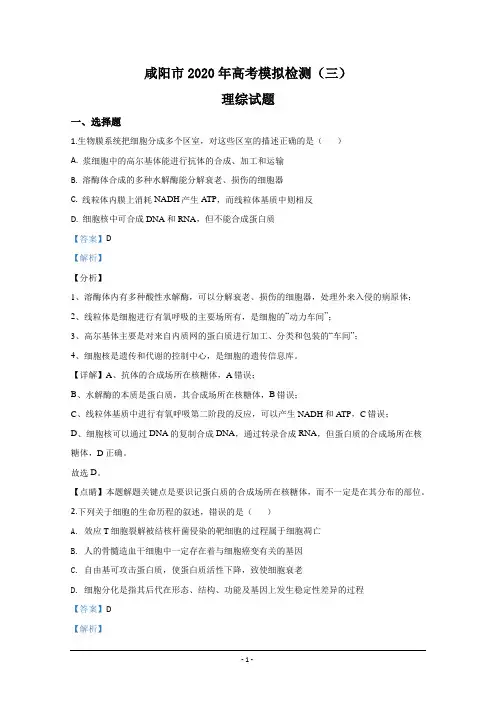 陕西省咸阳市2020届高三模拟检测(三)生物试题 Word版含解析