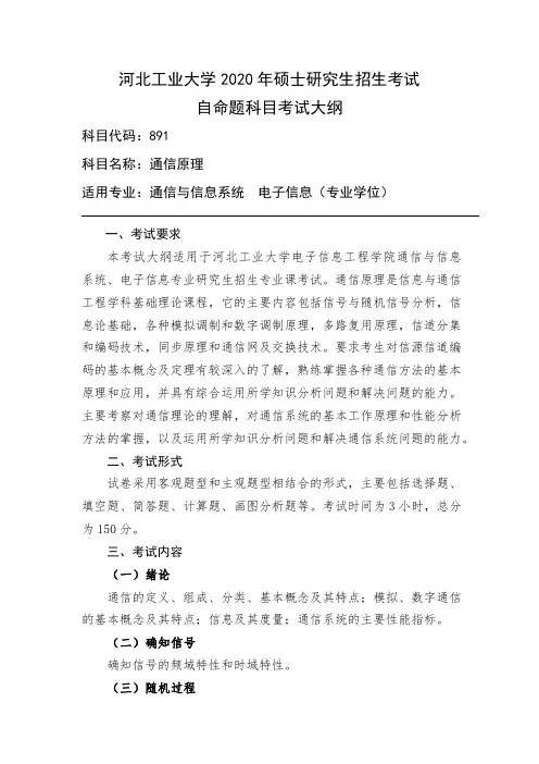 河北工业大学 2020 年硕士研究生招生考试891通信原理